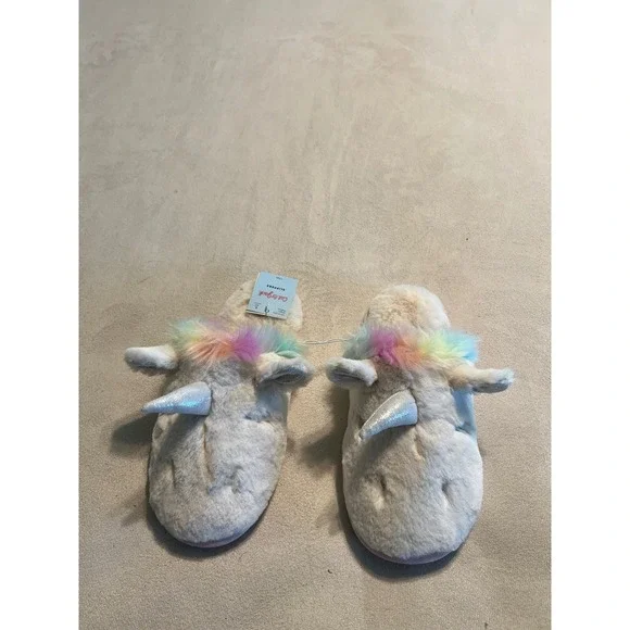 Cat & Jack Unicorn Slippers Off-White Rainbow Faux Fur Silver Horn Size L 4-5 - Picture 2 of 9